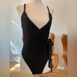 NWT F21 Velvet Striped RibbedBodysuit, Wrap Style, Belt, Low V-Neck | Price FIRM